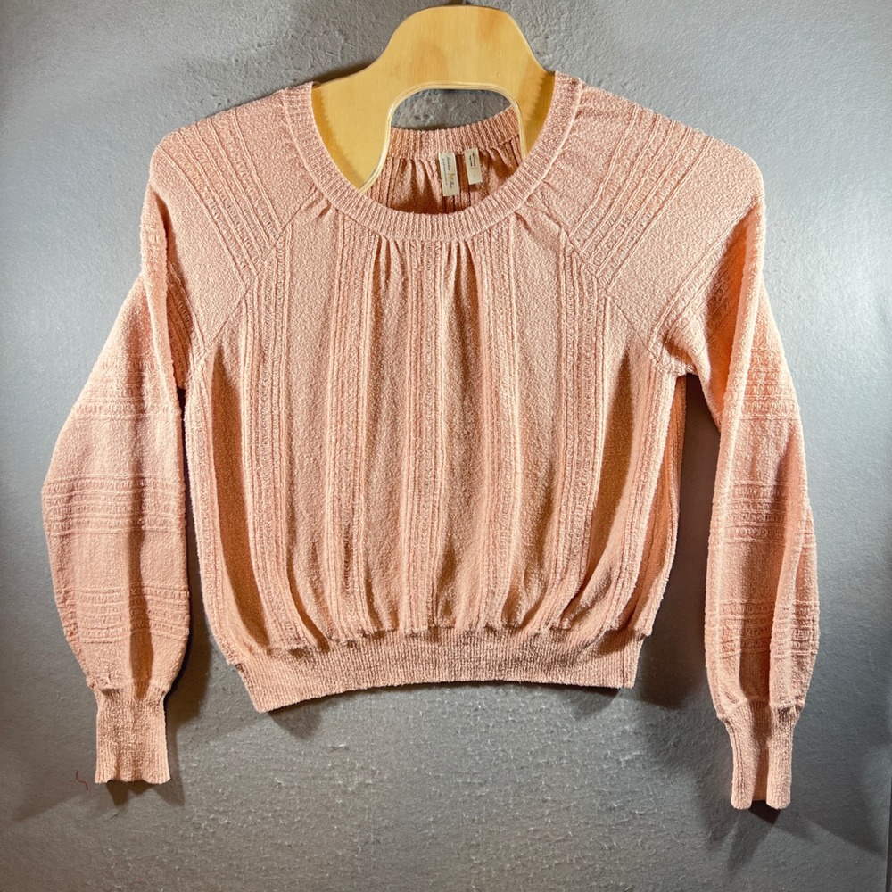 1149 |Meadow Rue Anthropologie Textured Balloon Sleeve Knit Sweater Pink Women L
